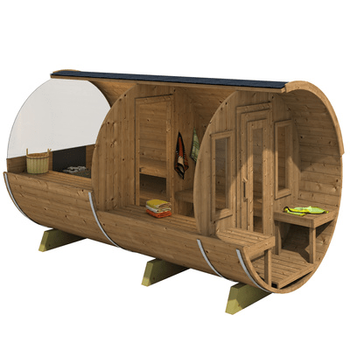 Sauna Beczka 400 Luxury (Szkło Półksiężycowe) Zewnętrzna dla 5-7 osób / Piec Elektryczny Harvia Harvia lub Opalany Drewnem Harvia 400 / Wysokiej Jakości Świerk Skandynawski (Thermowood) | Wellness | Relax | SPA | Drewno Thermo | Naturalne Drewno
